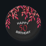 Hot Pink Folies auf Black Birthday Party Pappteller<br><div class="desc">Elegante Blätter in warmen Rosa, Rot und Orange auf einem schwarzen Hintergrund Happy Birthday und der Gast der Ehre Geburtstag in schicken Schriften gemalt. Ändern Sie die schwarze Farbe hinter dem Blattwerk in eine beliebige Farbe, um das Party zu bestimmen. **TIPP: Klicken Sie auf die Schaltfläche CUSTOMIZE (oder passen Sie...</div>