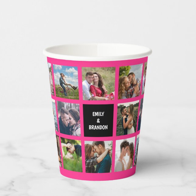 Hot Pink Foto Collage Wedding Papier Cups Pappbecher (Links)