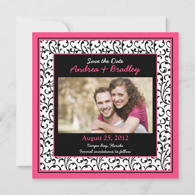 Hot Pink Foto Damask Save the Date (Vorderseite)