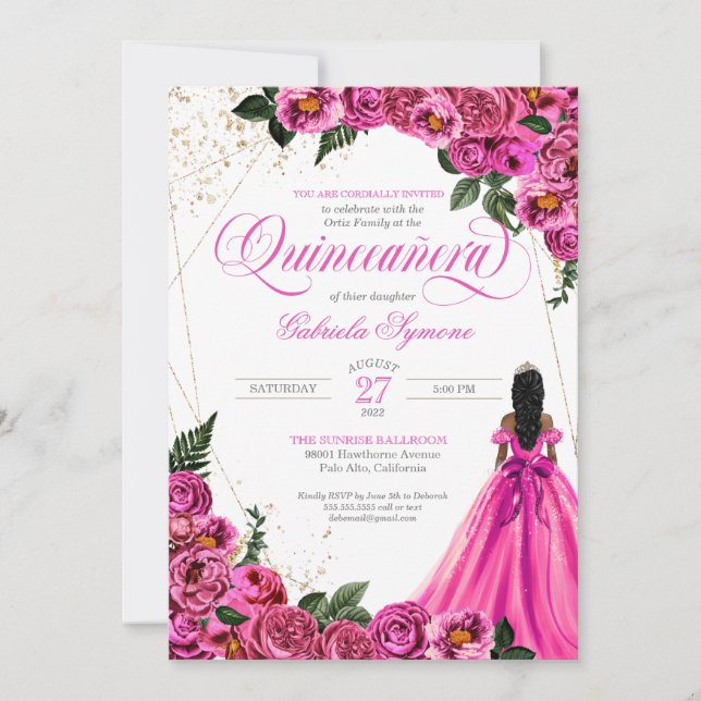 Hot Pink Fuchsia Rose & Gold und Gown Quinceañera Einladung (Vorderseite)