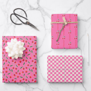 Hot Pink Funky Retro Berry Cherry und Schachbretts Geschenkpapier Set