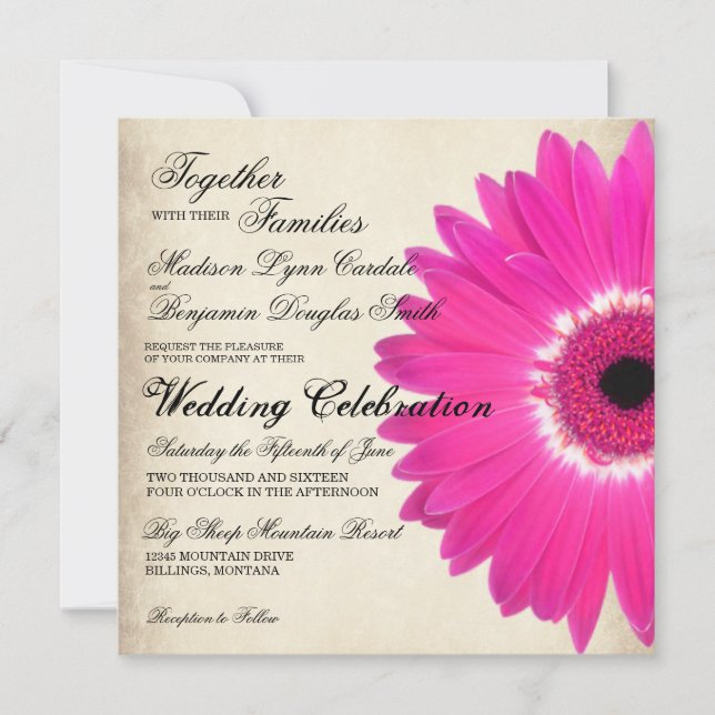 Hot Pink Gerber Daisy Rustic Wedding Einladungen (Vorderseite)