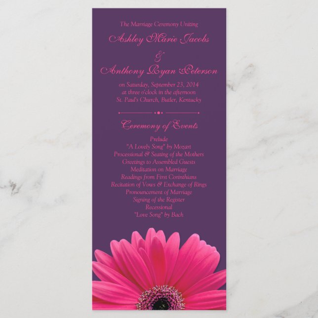 Hot Pink Gerbera Daisy Lila Wedding Program Programm (Vorderseite)