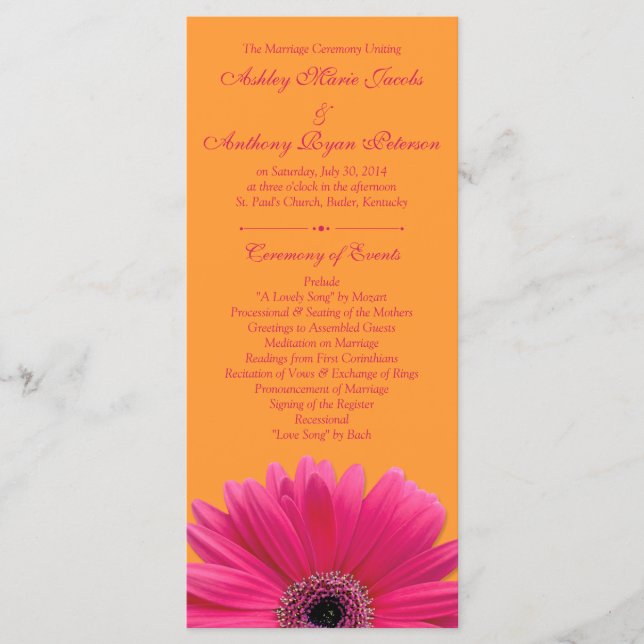 Hot Pink Gerbera Daisy Orange Wedding Program Programm (Vorderseite)