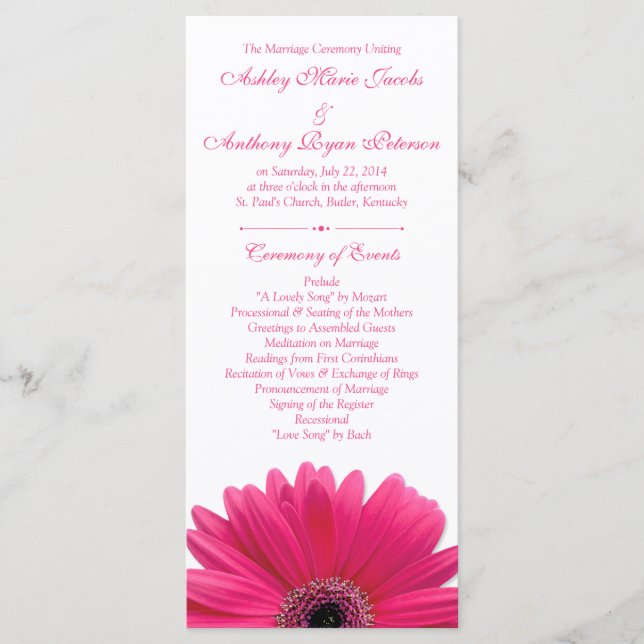 Hot Pink Gerbera Daisy White Wedding Program Programm (Vorderseite)