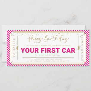 Hot Pink Geschenkgutschein Karte zum ersten Auto z