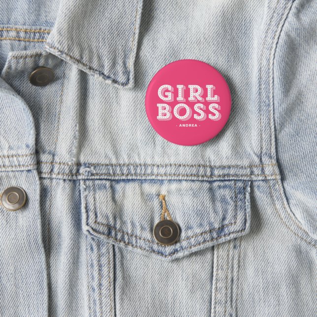 Hot Pink Girl Boss Retro Marquee Personalisiert Button (Beispiel)