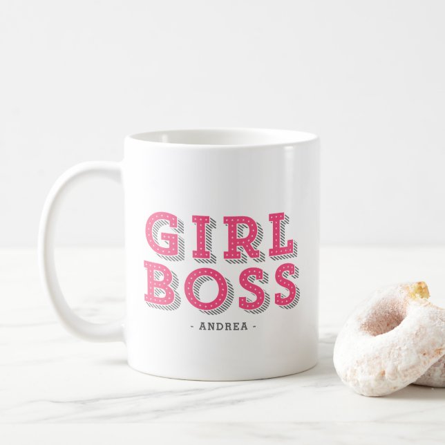 Hot Pink Girl Boss Retro Marquee Personalisiert Kaffeetasse (Mit Donut)
