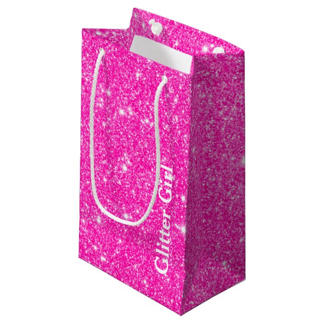 Hot Pink Girly Glitzer Girl Zeigen Sie Ihren Spark Kleine Geschenktüte (Vorderseite Schrägansicht)
