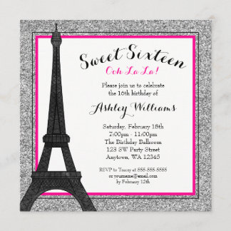 Hot Pink Glam Paris Themed Imitate Glitzer Sweet 1 Einladung