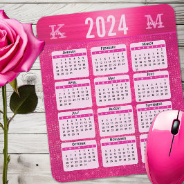 Hot Pink Glam Sparkle Monogram Name 2024 Calendar Mousepad