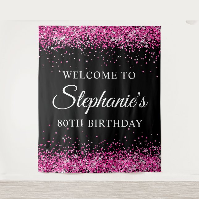 Hot Pink Glitter Black 80th Birthday Welcome Wandteppich (Vorderseite)