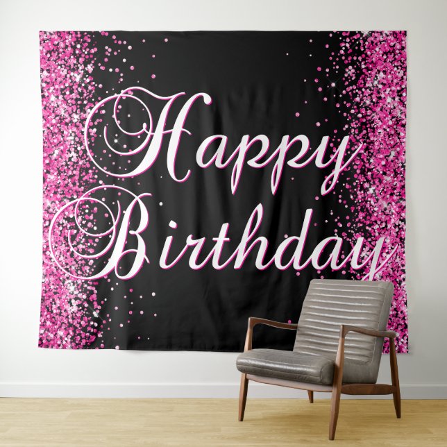 Hot Pink Glitter Black Happy Birthday Calligraphy Wandteppich (Beispiel (Horizontal))