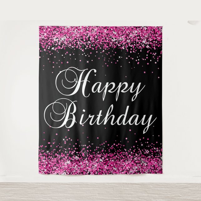 Hot Pink Glitter Black Happy Birthday Wandteppich (Vorderseite)