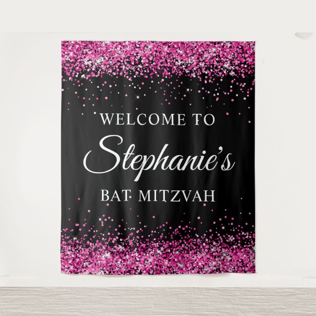Hot Pink Glitter Black Sweet 16 Birthday Welcome Wandteppich (Vorderseite)