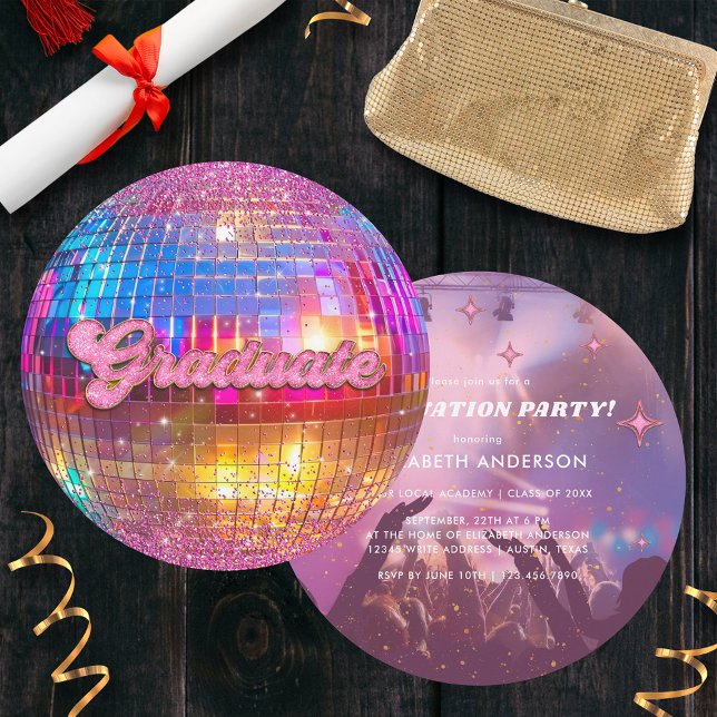 Hot Pink Glitter Disco Ball Party Graduation Einladung (Von Creator hochgeladen)