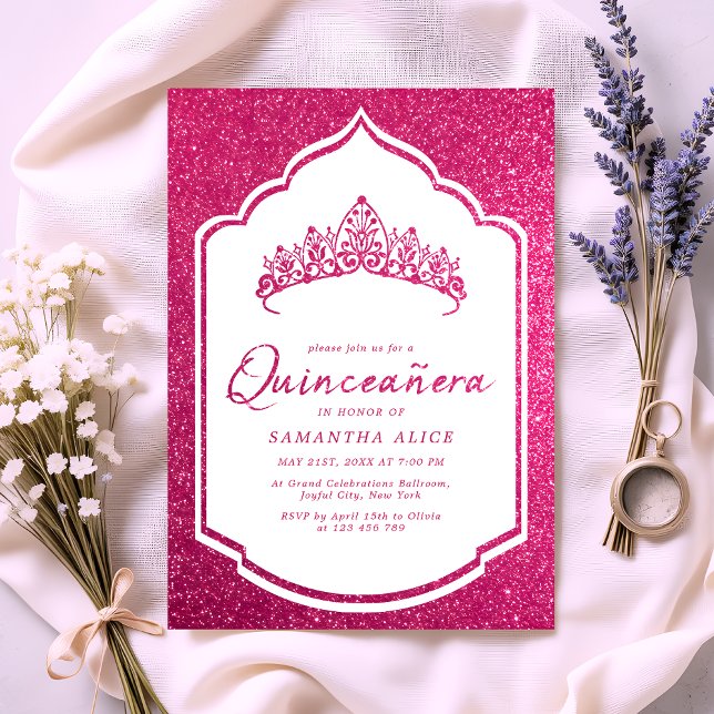Hot Pink Glittery Crown Miss Quince Quinceanera Einladung (Von Creator hochgeladen)