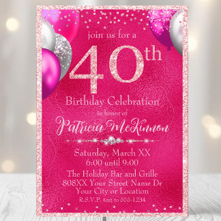 Hot Pink Glitzer Balloons 40. Geburtstag Einladung
