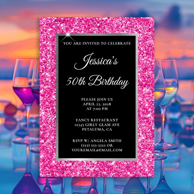 Hot Pink Glitzer Black 50. Geburtstag Einladung (Hot Pink Glitter Silver and Black Any Year Birthday Invitation)