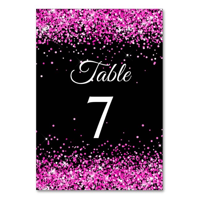 Hot Pink Glitzer Black Elegante Kalligraphie Tischnummer (Vorderseite)