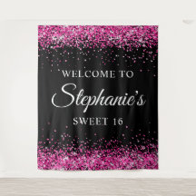 Hot Pink Glitzer Black Sweet 16 Geburtstag Willkom