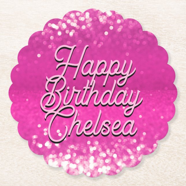 Hot Pink Glitzer Bokeh Benutzerdefinierter Text Untersetzer (Vorderseite)