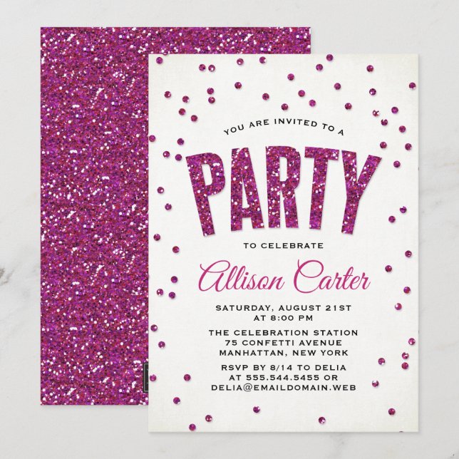 Hot Pink Glitzer Confetti Party Einladung (Vorne/Hinten)