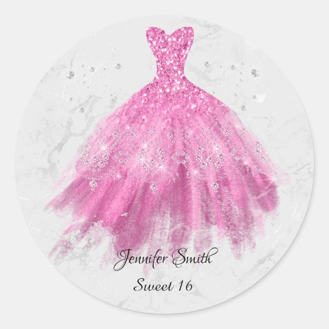 Hot Pink Glitzer Dress 16 . Geburtstag Runder Aufkleber (Vorderseite)