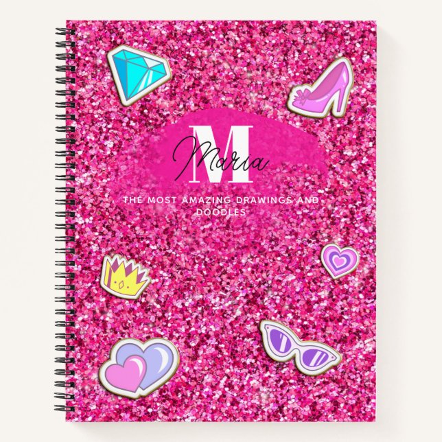 Hot Pink Glitzer Girl Monogram Name Sketchbook Notizbuch (Vorderseite)