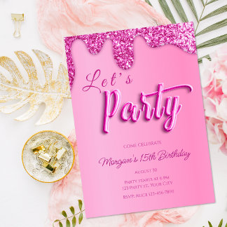 Hot Pink Glitzer Girly Birthday Party Einladung
