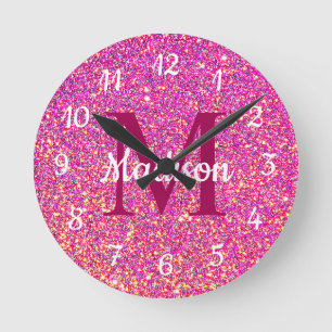 Hot Pink Glitzer Girly Glam Monogram Name Runde Wanduhr