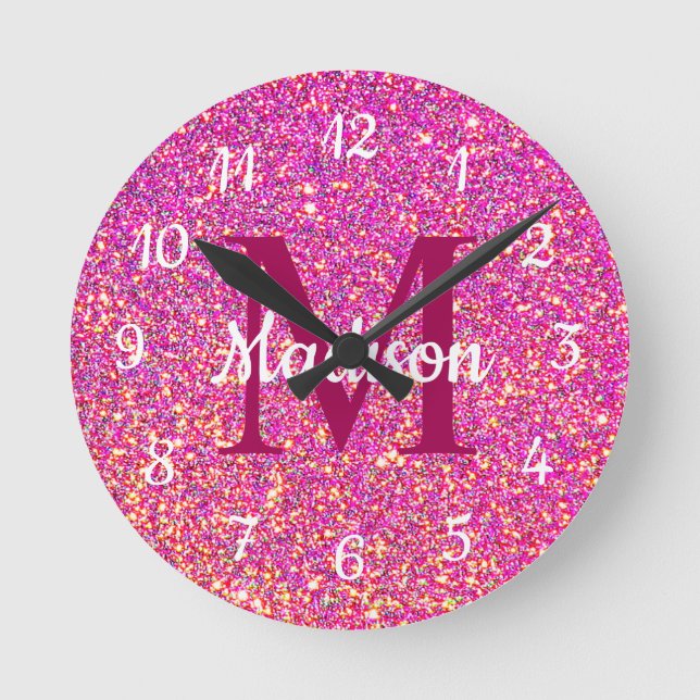 Hot Pink Glitzer Girly Glam Monogram Name Runde Wanduhr (Vorderseite)