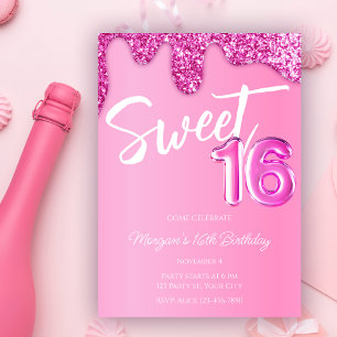 Hot Pink Glitzer Girly Sweet 16 Geburtstagsparty Einladung