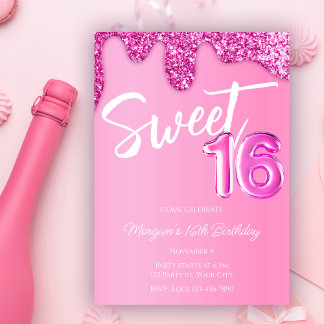 Hot Pink Glitzer Girly Sweet 16 Geburtstagsparty Einladung
