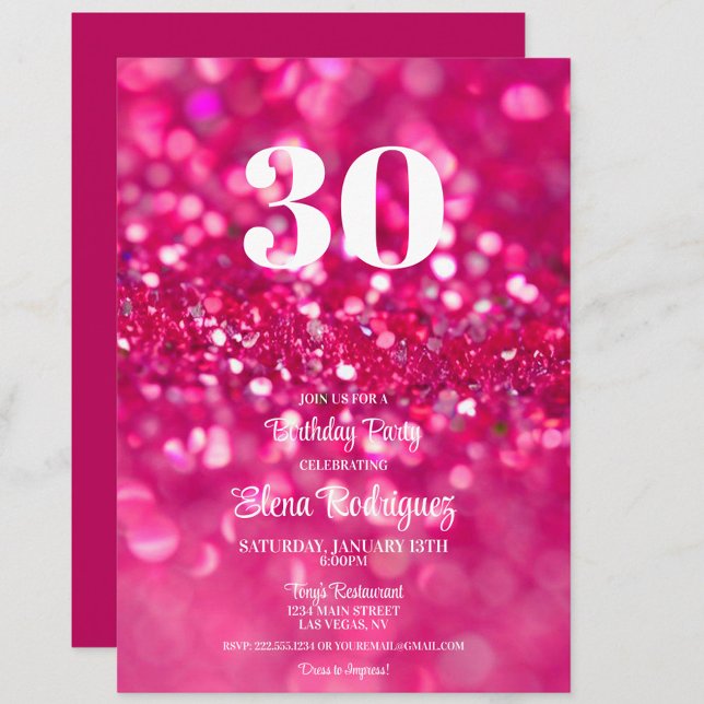 Hot Pink Glitzer Glam 30. Geburtstag Einladung (Hot Pink Glitter 30th Birthday Party Invitation, Girly, Feminine, 30)
