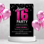 Hot Pink Glitzer Glitzern 16 . GEBURTSTAG 16 Party Einladung<br><div class="desc">Ein 16 . Geburtstag-Party werfen? Brauchen Sie Ideen? Holen Sie sich diese modernen und trendigen,  individuellen Vorlagen,  damit Sie sich einfach unterhalten können. Schwarz und heiß rosa mit Imitaten silberne Folie und Glitzer .Erschwinglich,  aber nicht billig aussehen. Personalisieren Sie diese Einladungen für Ihr nächstes süßes 16 Party.</div>