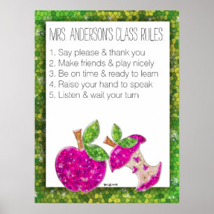 Hot Pink Glitzer Green Teachers Apple Class Rules Poster