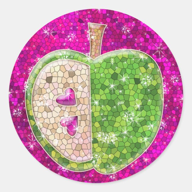Hot Pink Glitzer Jewel Mint Green Teacher's Apple Runder Aufkleber (Vorderseite)