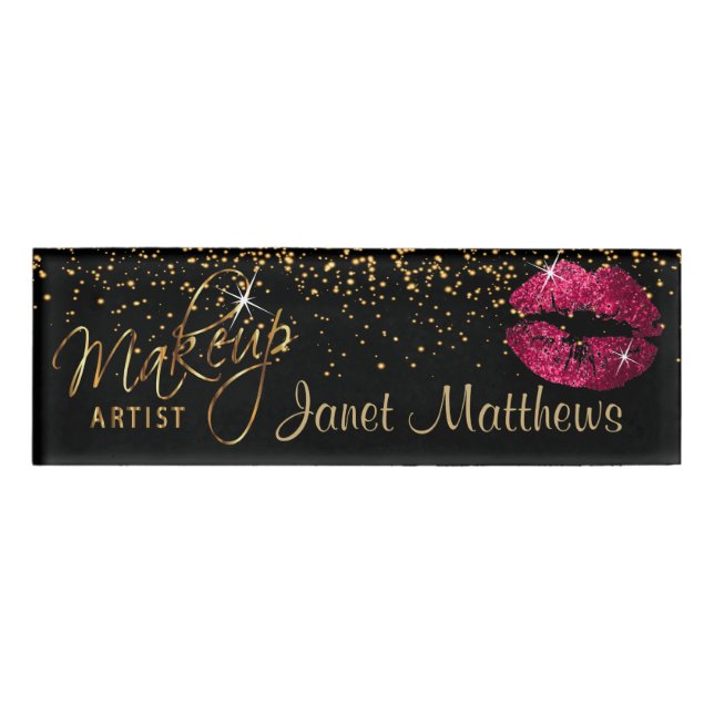 Hot Pink Glitzer Lipno und Elegante Gold Namenschild (Vorderseite)