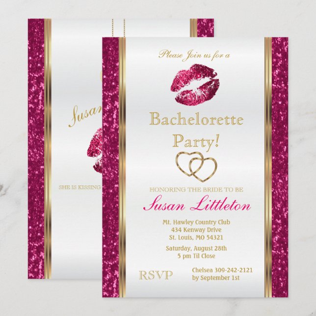 Hot Pink Glitzer Lippen Junggeselinnen-Abschied 2 Einladung (Vorne/Hinten)