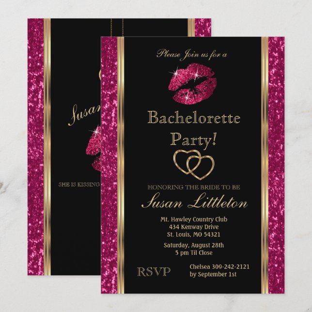 Hot Pink Glitzer Lippen Junggeselinnen-Abschied Einladung (Vorne/Hinten)