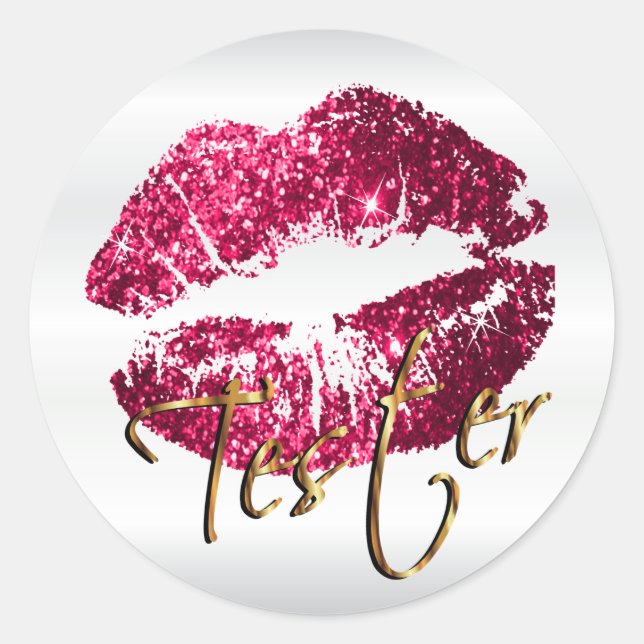Hot Pink Glitzer Lips 3 - Tester - Satin Runder Aufkleber (Vorderseite)