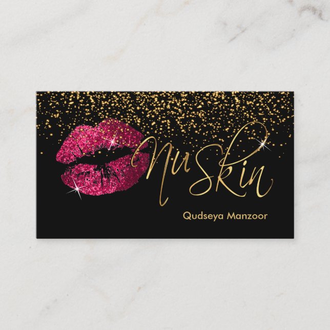 Hot Pink Glitzer Lips & Gold Confetti Visitenkarte (Vorderseite)