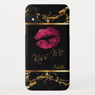 Hot Pink Glitzer Lips und Gold-Marmormuster iPhone XR Hülle