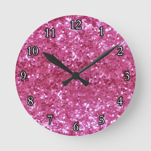 Hot Pink Glitzer Look Runde Wanduhr (Vorderseite)