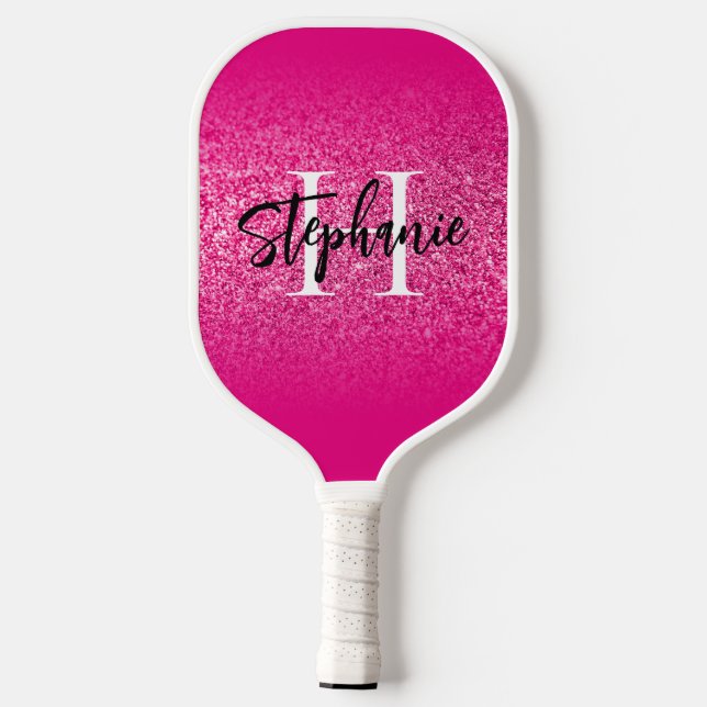 Hot Pink Glitzer Ombre Mit Monogramm Pickleball Schläger (Rückseite)