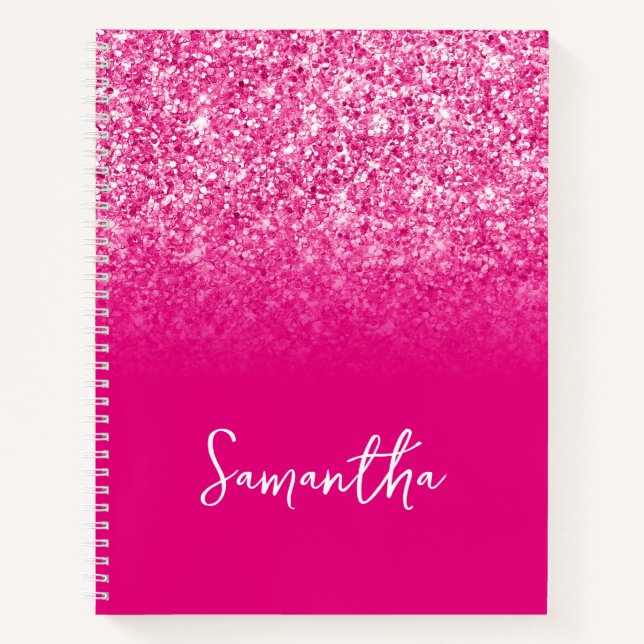 Hot Pink Glitzer Ombre Name Notizbuch (Vorderseite)