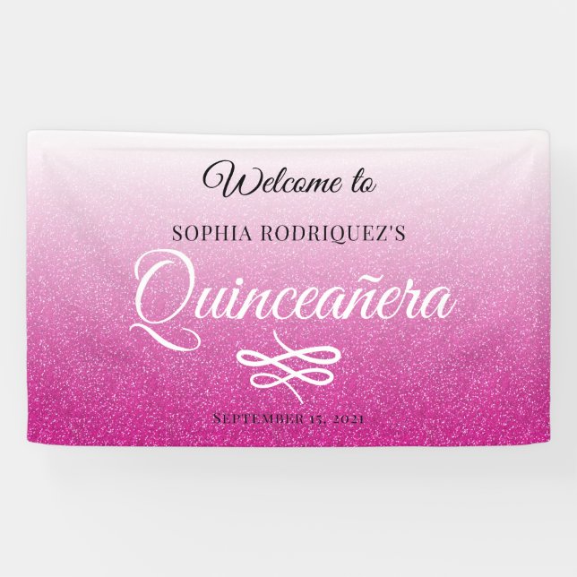 Hot Pink Glitzer Quinceañera 15. Geburtstag Willko Banner (Horizontal)