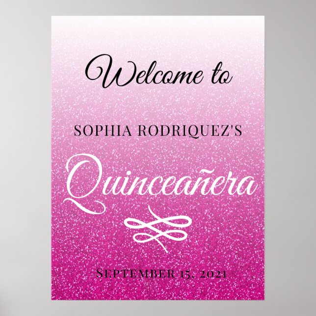 Hot Pink Glitzer Quinceañera 15. Geburtstag Willko Poster (Vorne)
