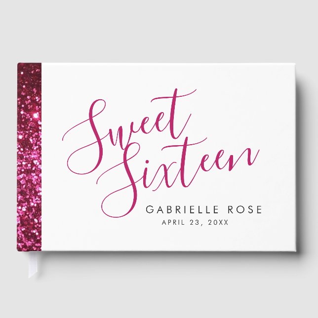 Hot Pink Glitzer Stripe Modern Sweet 16 Gästebuch (Vorderseite)